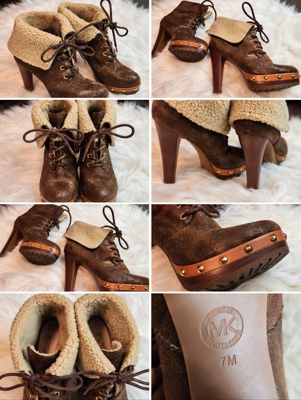 Michael Kors Brown Shearling-Trim Lace-Up Platform Platform Ankle Boots Size 7M